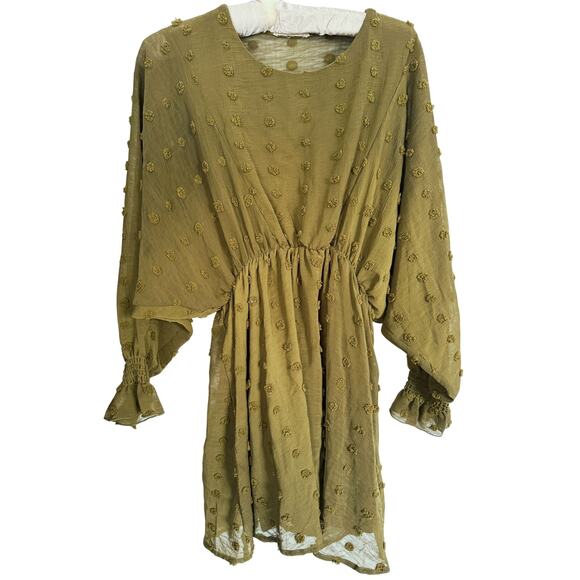Dress Up Long Sleeve Jacquard Blouson Dress Green Dotted Flowy Boho Career Chic - Picture 2 of 7